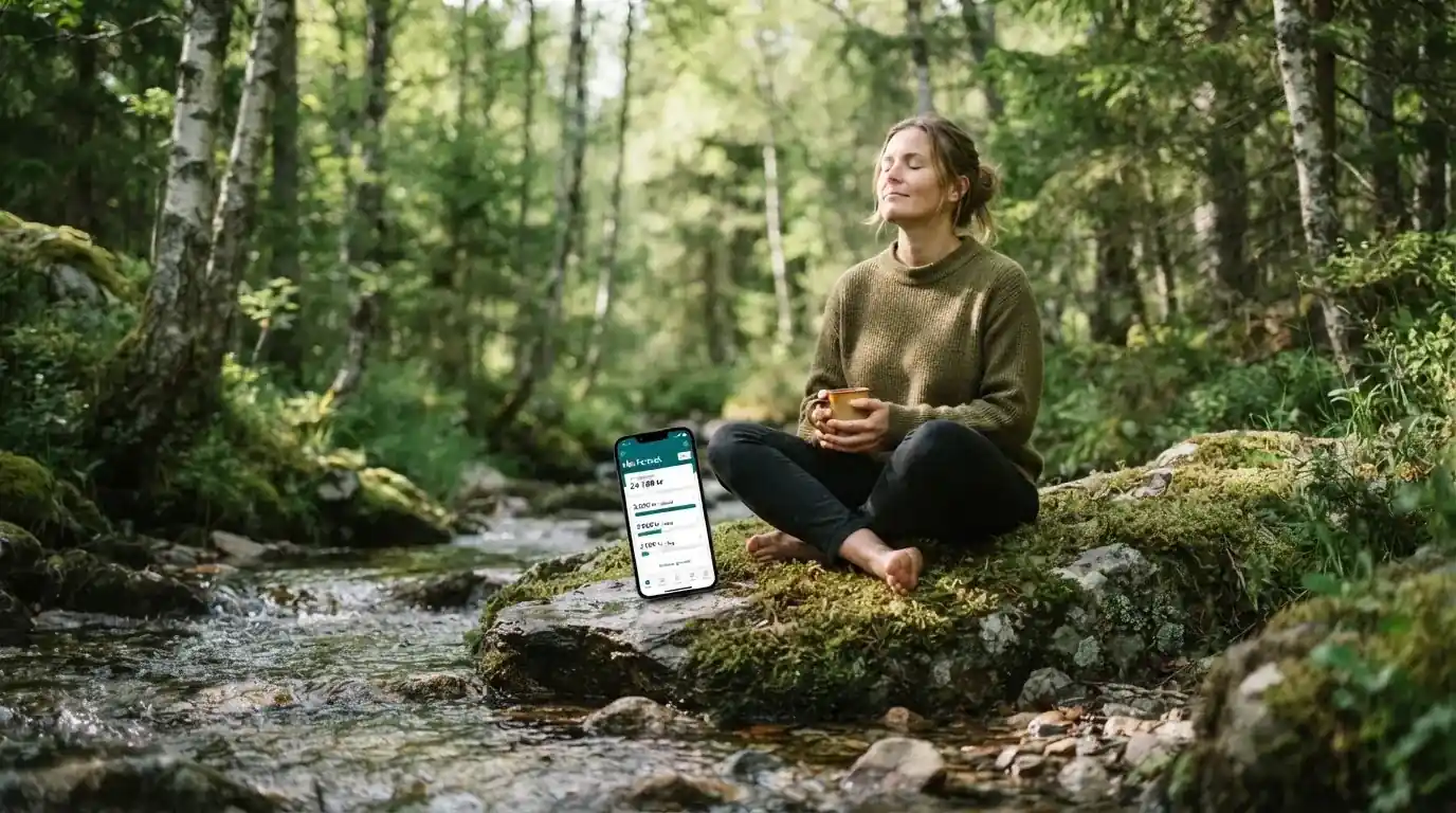 Kvinne som tar en pause ved en liten bekk i skogen med lukkede øyne, rolig og avslappet